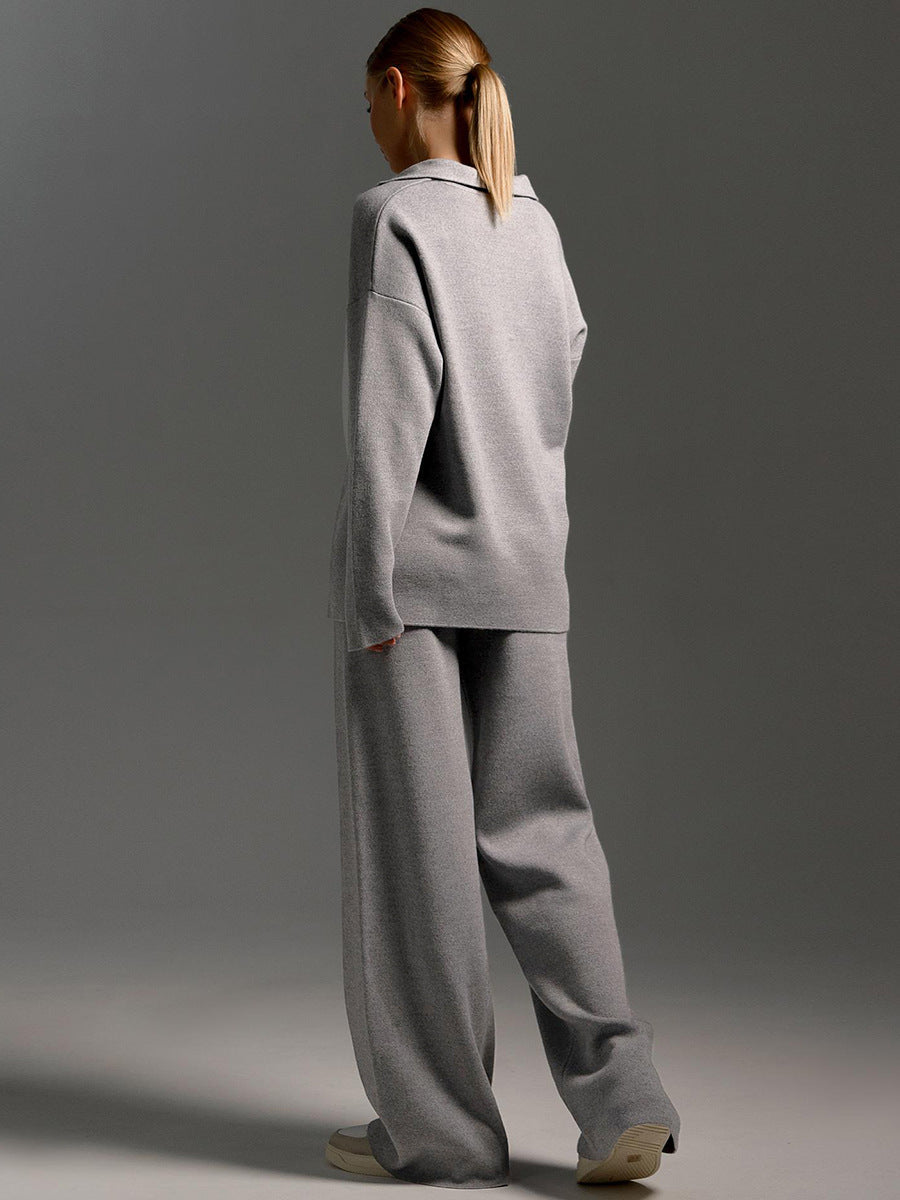 Women's Loungewear Set - Knitted Oversized Collar Sweater and Wide-Leg Pants - Casual Comfort Outfit