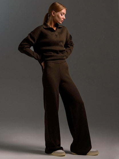 Women's Loungewear Set - Knitted Oversized Collar Sweater and Wide-Leg Pants - Casual Comfort Outfit