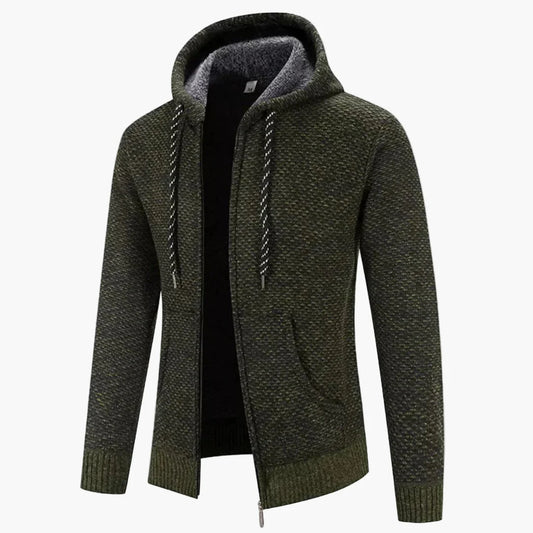 Men's Knitted Zip-Up Hoodie Jacket with Fleece Lining – Casual Winter Cardigan