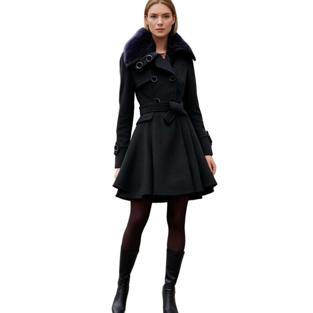 Women's Elegant Winter Coat with Faux Fur Collar – Double-Breasted Flared Long Overcoat