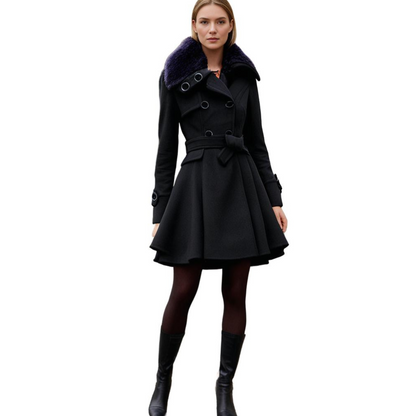 Women's Elegant Winter Coat with Faux Fur Collar – Double-Breasted Flared Long Overcoat