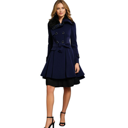 Women's Elegant Winter Coat with Faux Fur Collar – Double-Breasted Flared Long Overcoat