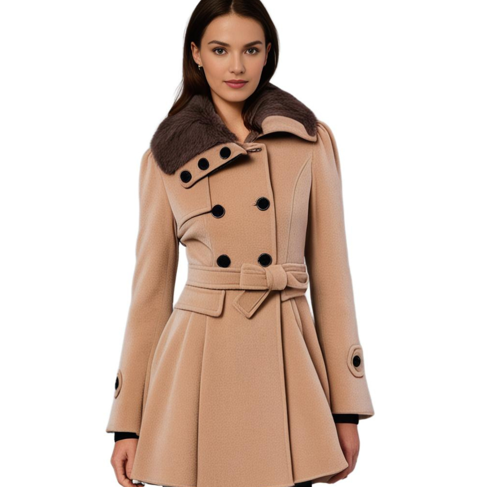 Women's Elegant Winter Coat with Faux Fur Collar – Double-Breasted Flared Long Overcoat