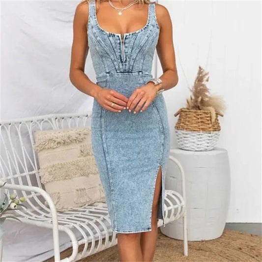 Women’s Chic Bodycon Denim Dress – Midi Party & Cocktail Dress