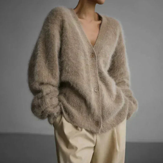 Women's Elegant Loose Fit Fluffy Cardigan Sweater for Everyday Comfort and Style
