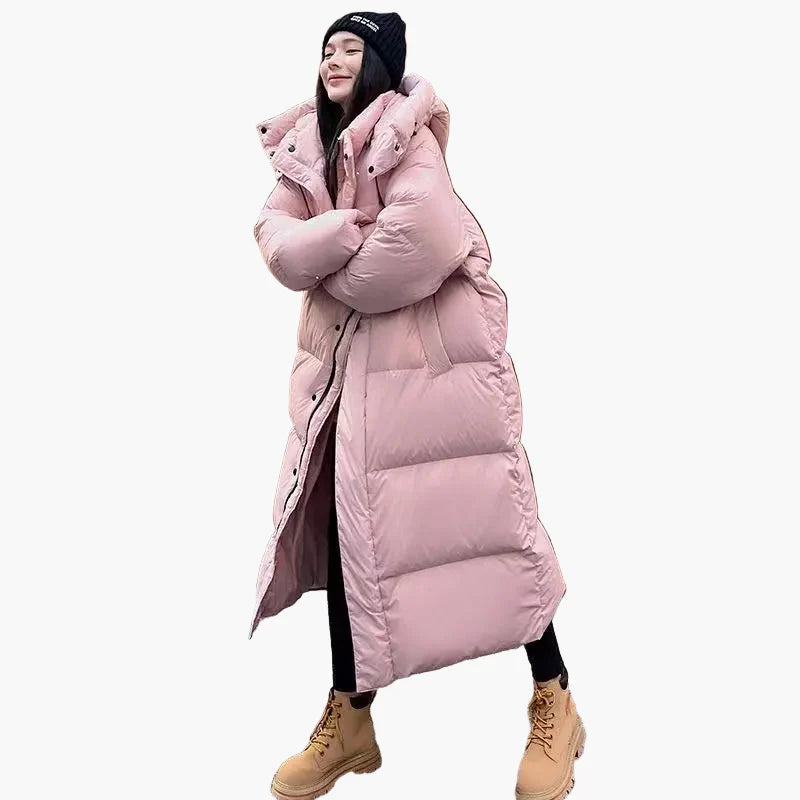 Women's Long Puffer Coat with Hood - Relaxed Fit, Windproof, Casual Winter Outerwear