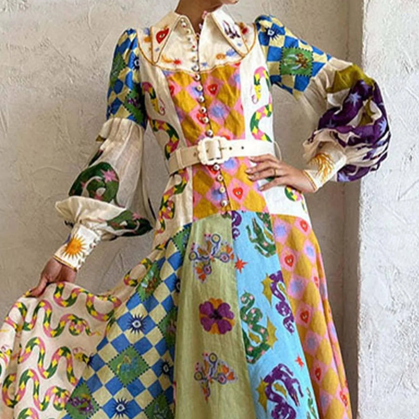 Women’s Artistic Maxi Shirt Dress with Mythical Print