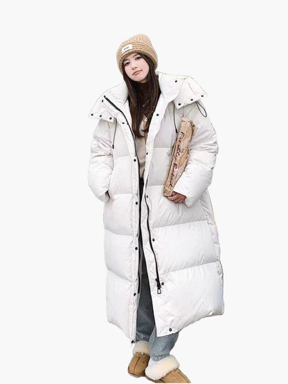 Women's Long Puffer Coat with Hood - Relaxed Fit, Windproof, Casual Winter Outerwear