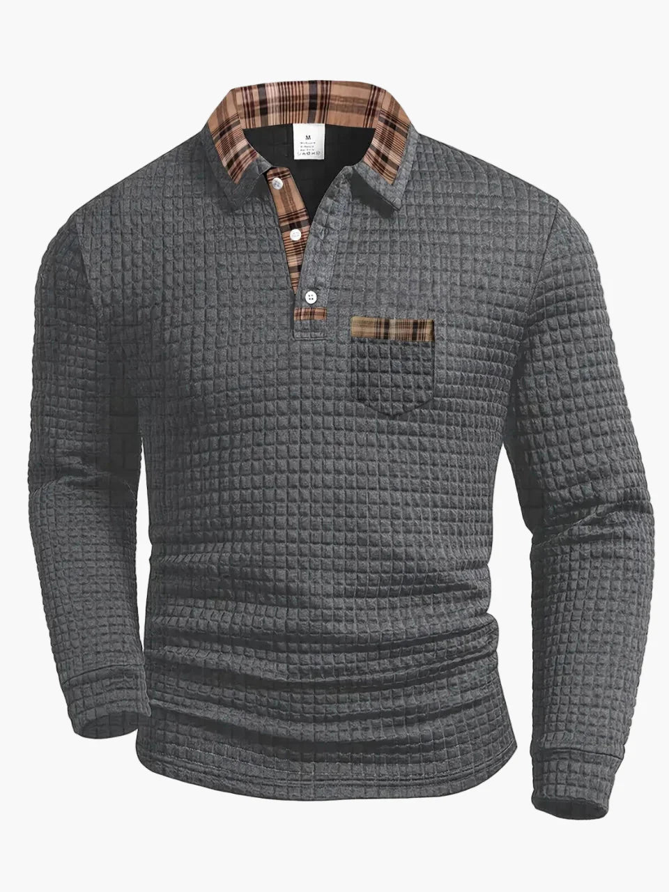 Men's Casual Waffle Knit Long Sleeve Polo Shirt with Plaid Collar