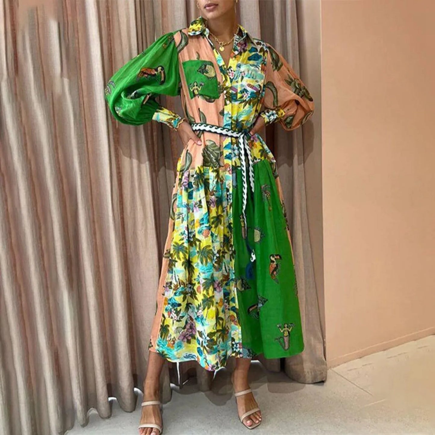 Women’s Artistic Maxi Shirt Dress with Mythical Print