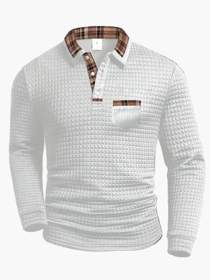 Men's Casual Waffle Knit Long Sleeve Polo Shirt with Plaid Collar
