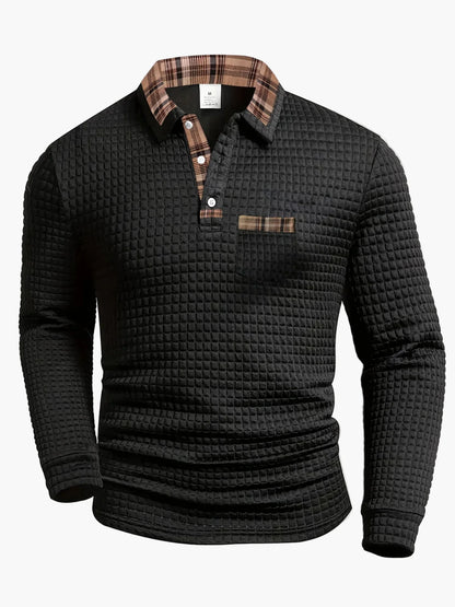 Men's Casual Waffle Knit Long Sleeve Polo Shirt with Plaid Collar