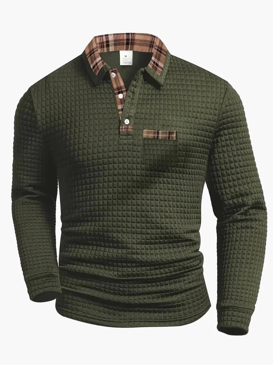 Men's Casual Waffle Knit Long Sleeve Polo Shirt with Plaid Collar