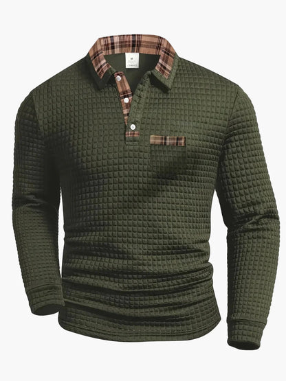 Men's Casual Waffle Knit Long Sleeve Polo Shirt with Plaid Collar