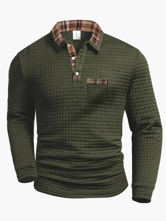 Men's Casual Waffle Knit Long Sleeve Polo Shirt with Plaid Collar