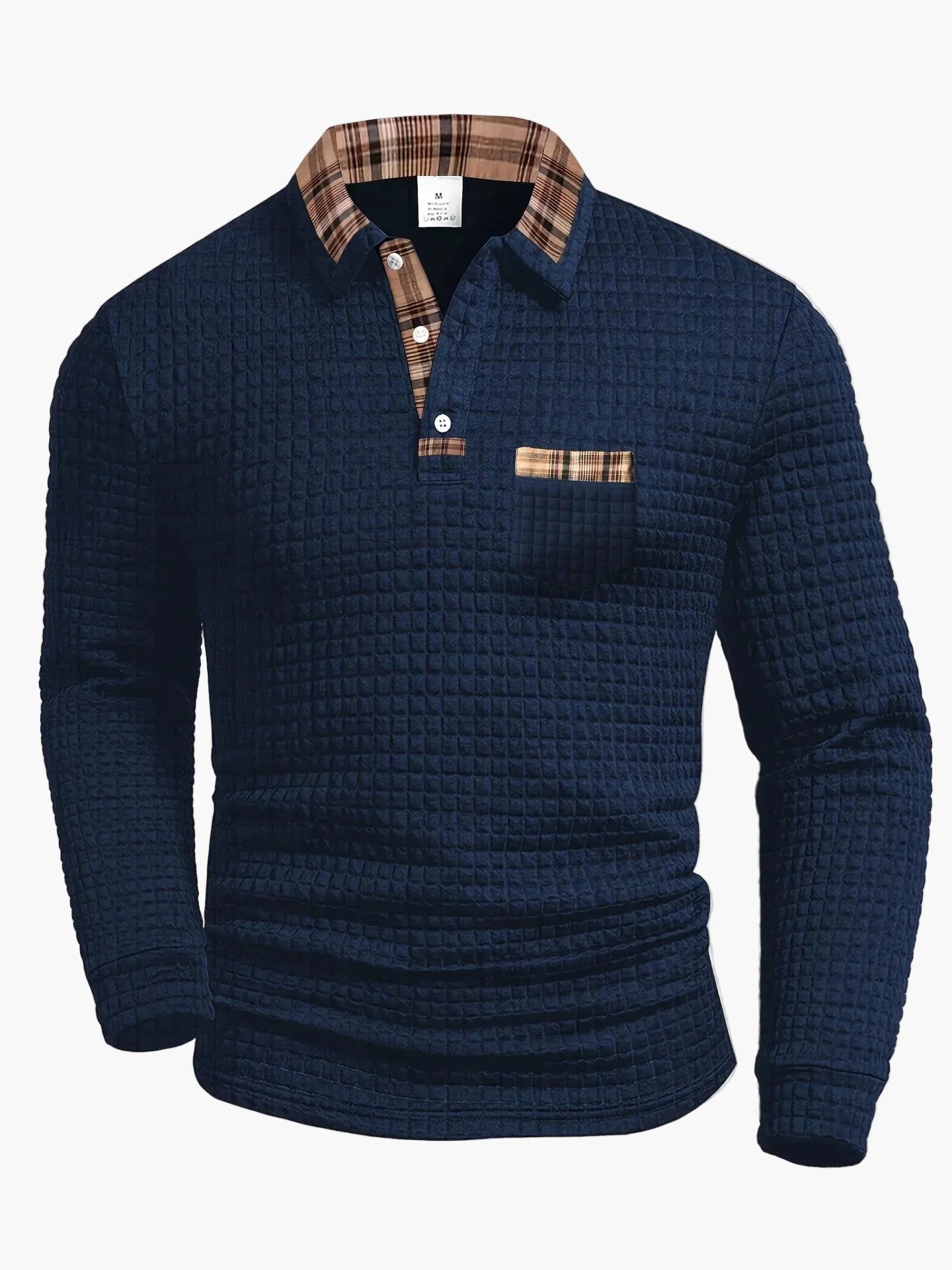 Men's Casual Waffle Knit Long Sleeve Polo Shirt with Plaid Collar