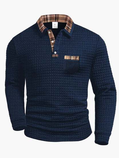 Men's Casual Waffle Knit Long Sleeve Polo Shirt with Plaid Collar