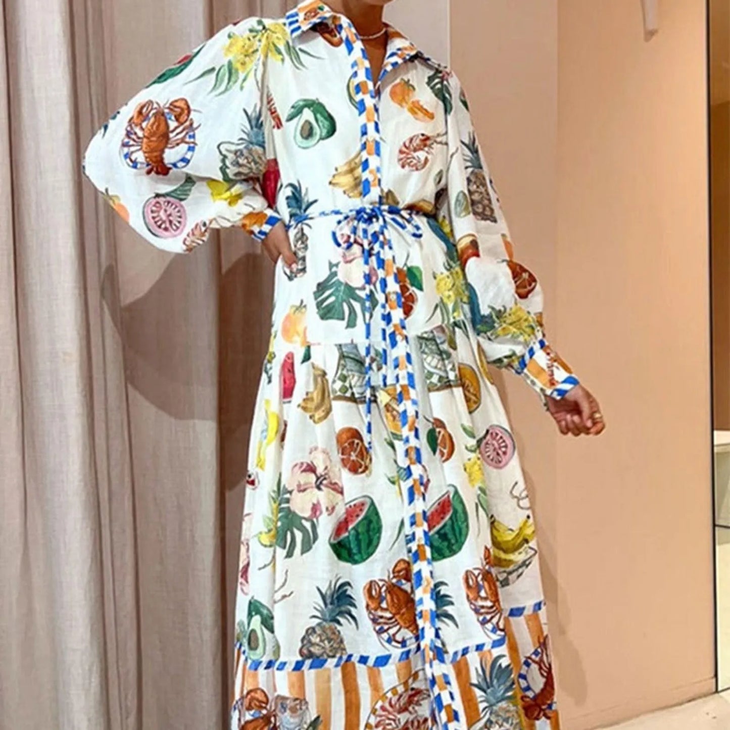 Women’s Artistic Maxi Shirt Dress with Mythical Print