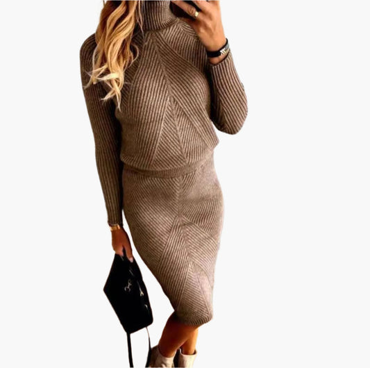 Women's Elegant Knitted Turtleneck Sweater Dress Set – Casual Chic Two-Piece Outfit