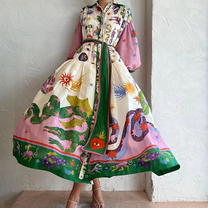 Women’s Artistic Maxi Shirt Dress with Mythical Print