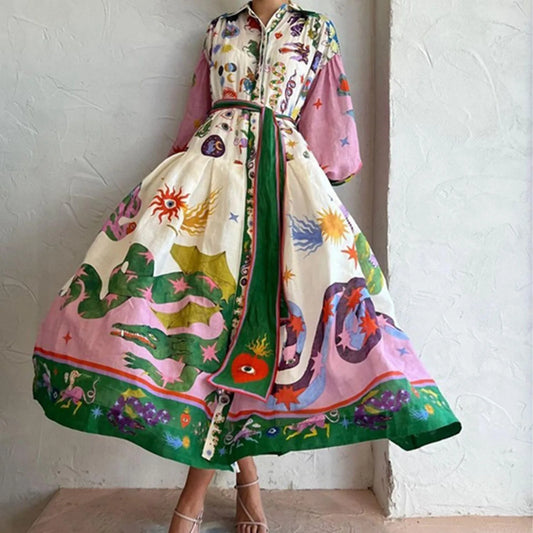 Women’s Artistic Maxi Shirt Dress with Mythical Print