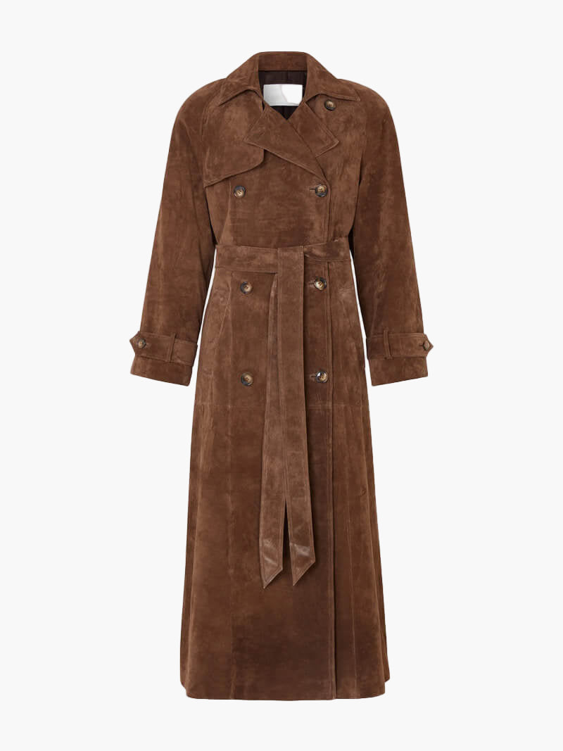 Women's Longline Suede Trench Coat - Elegant Modern Classic Outerwear