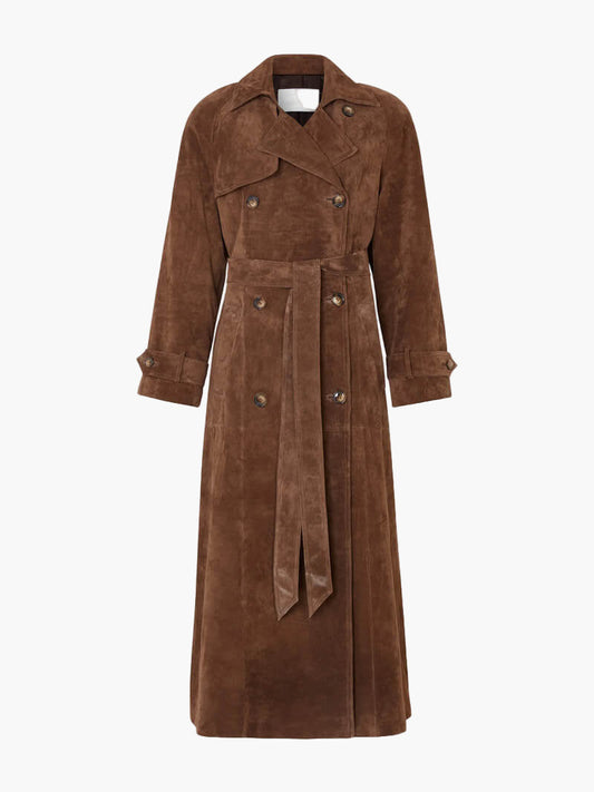 Women's Longline Suede Trench Coat - Elegant Modern Classic Outerwear