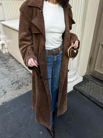 Women's Longline Suede Trench Coat - Elegant Modern Classic Outerwear