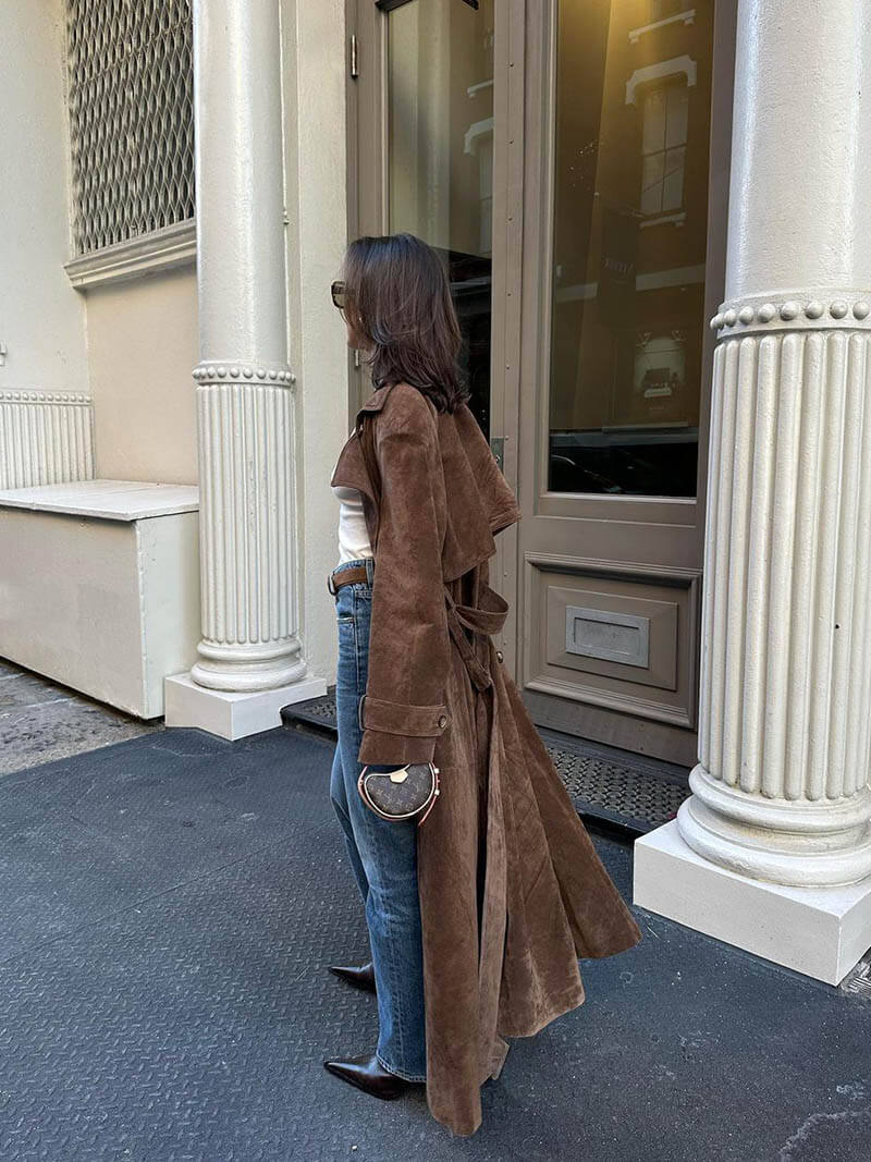 Women's Longline Suede Trench Coat - Elegant Modern Classic Outerwear