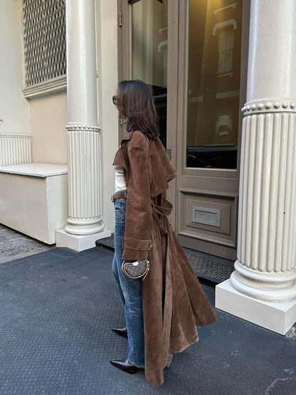 Women's Longline Suede Trench Coat - Elegant Modern Classic Outerwear
