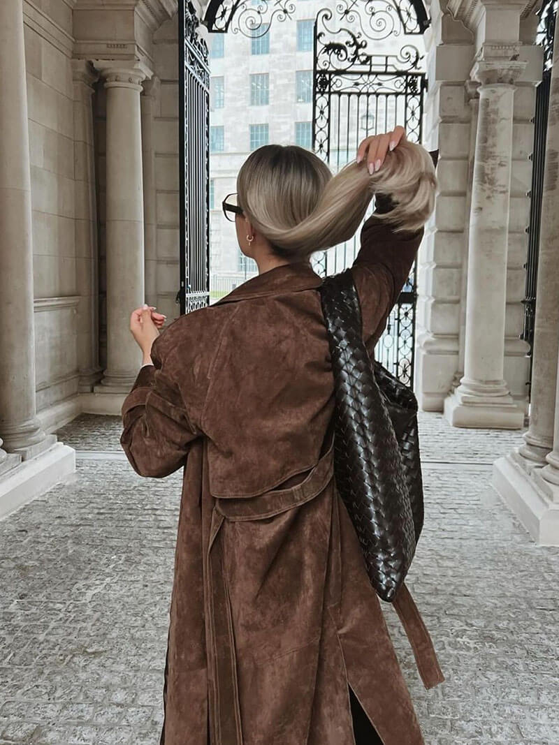 Women's Longline Suede Trench Coat - Elegant Modern Classic Outerwear