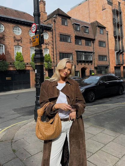 Women's Longline Suede Trench Coat - Elegant Modern Classic Outerwear
