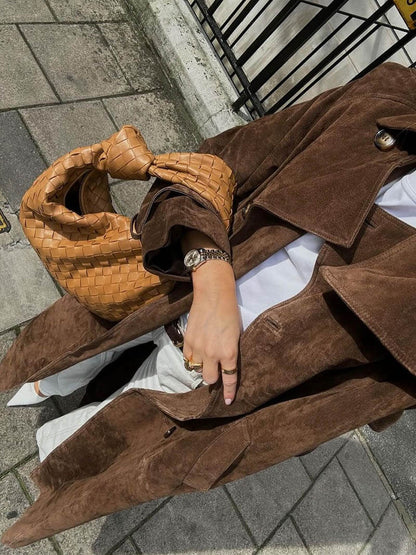 Women's Longline Suede Trench Coat - Elegant Modern Classic Outerwear