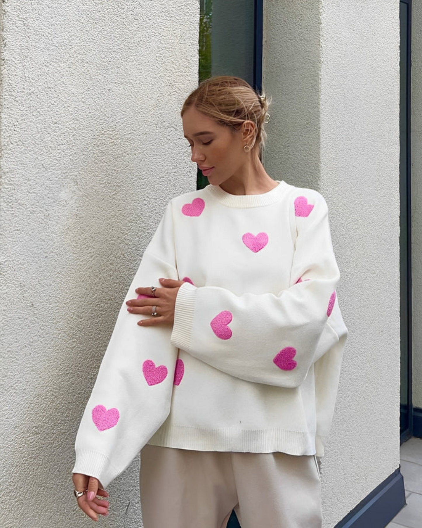 Women's Oversized Comfy Heart Print Lounge Sweater – Casual Cozy Style