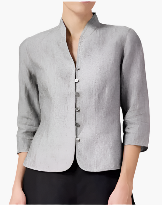 Women's Elegant Mandarin Collar Chambray Blouse for Versatile Occasions