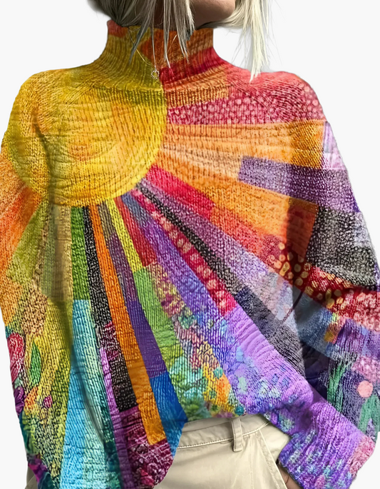 Women's Artistic Patchwork Knit Turtleneck Sweater – Vibrant Boho Statement Top