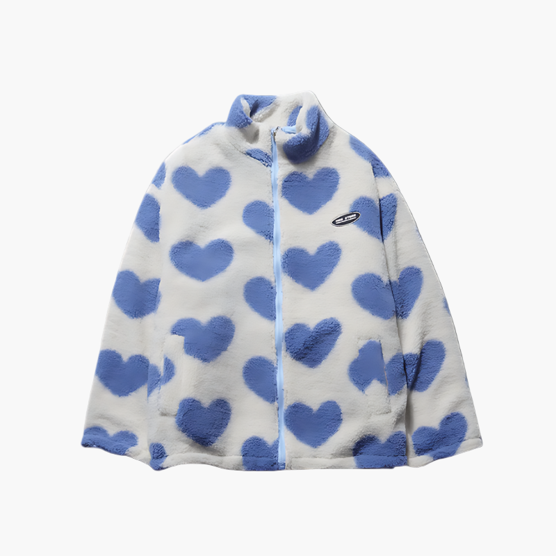 Women's Reversible Fluffy Hearts Full Zip Fleece Jacket – Cozy and Stylish Outerwear for All Seasons