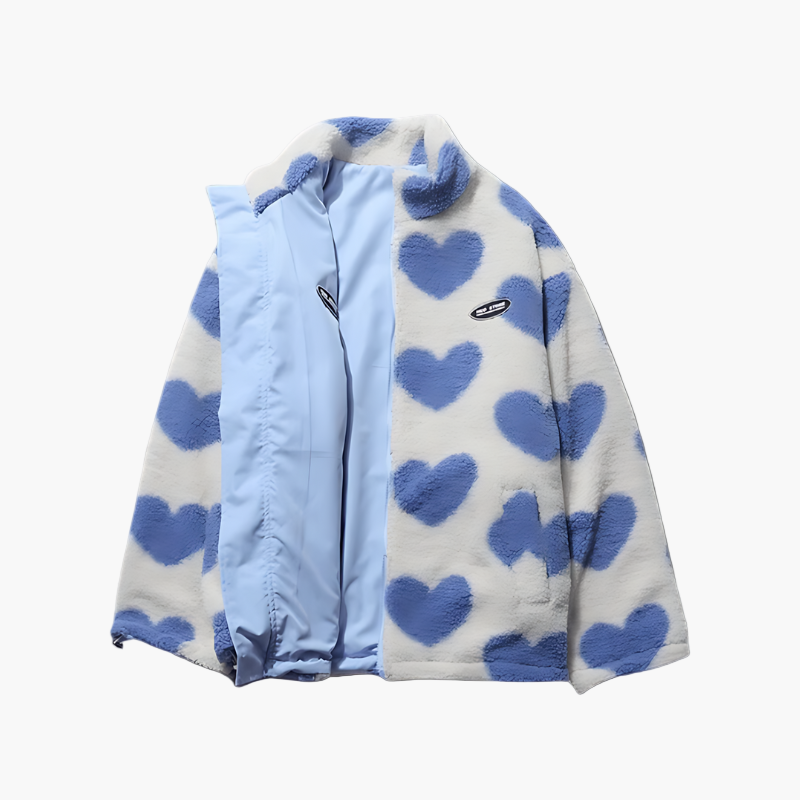 Women's Reversible Fluffy Hearts Full Zip Fleece Jacket – Cozy and Stylish Outerwear for All Seasons