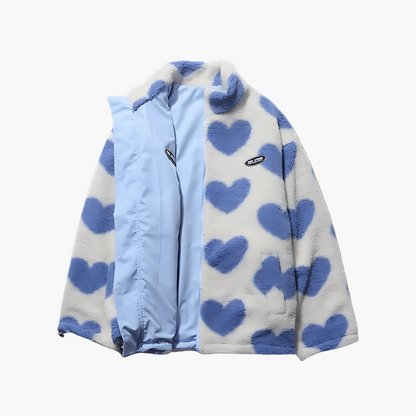 Women's Reversible Fluffy Hearts Full Zip Fleece Jacket – Cozy and Stylish Outerwear for All Seasons