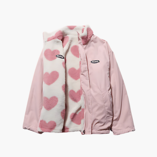 Women's Reversible Fluffy Hearts Full Zip Fleece Jacket – Cozy and Stylish Outerwear for All Seasons