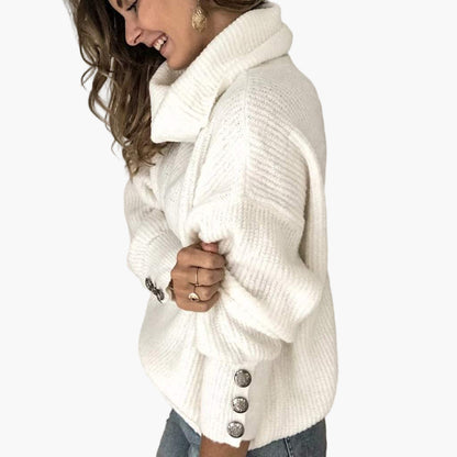 Women's Cozy Turtleneck Pullover Sweater with Button Sleeve Design for Casual Style