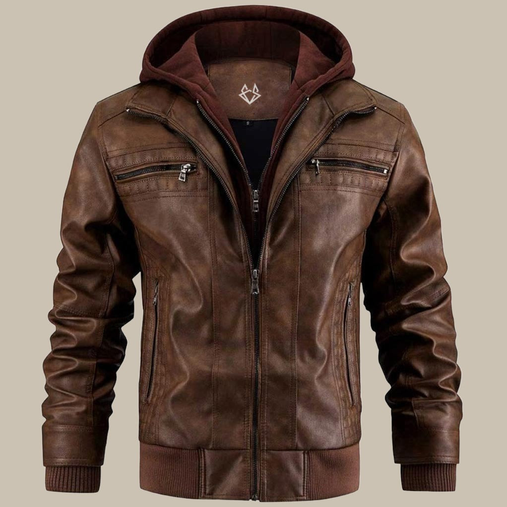Men's Hooded Vegan Leather Jacket – Casual Street Style Motorcycle Outerwear