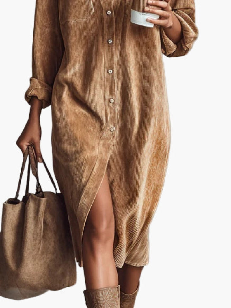 Women's Corduroy Shirt Dress – Casual Midi Button-Down with Pockets, Effortless City Style
