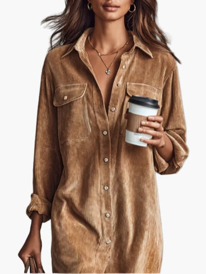 Women's Corduroy Shirt Dress – Casual Midi Button-Down with Pockets, Effortless City Style