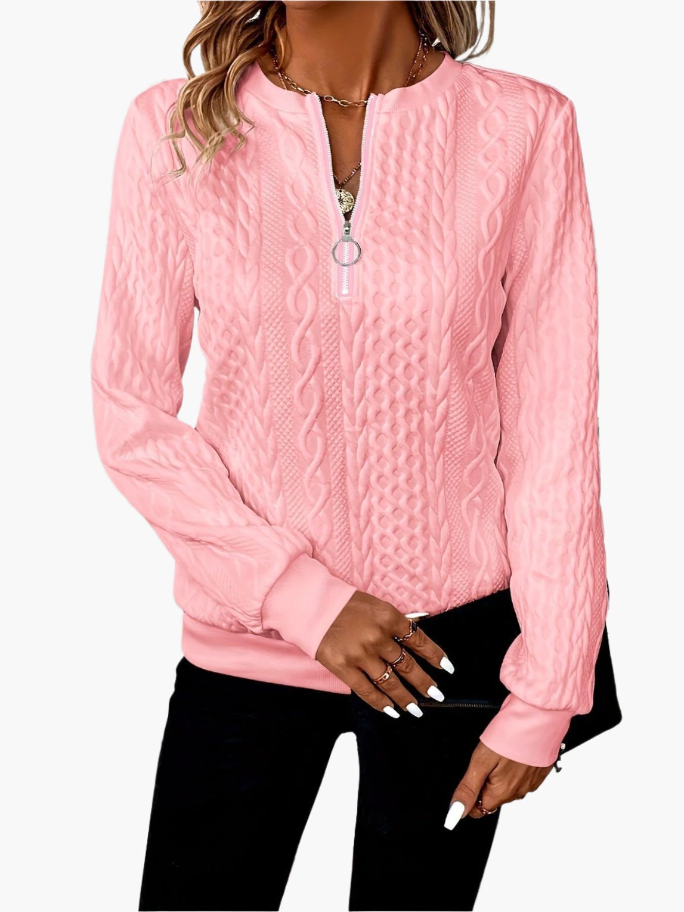 Women's Casual Cable Knit Sweater with Zipper – Elegant Pullover for Fall and Winter