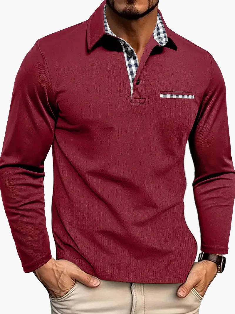 Men's Long Sleeve Polo Shirt with Checked Collar – Slim Fit Stylish Casual Top