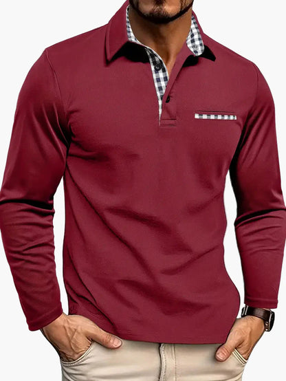 Men's Long Sleeve Polo Shirt with Checked Collar – Slim Fit Stylish Casual Top