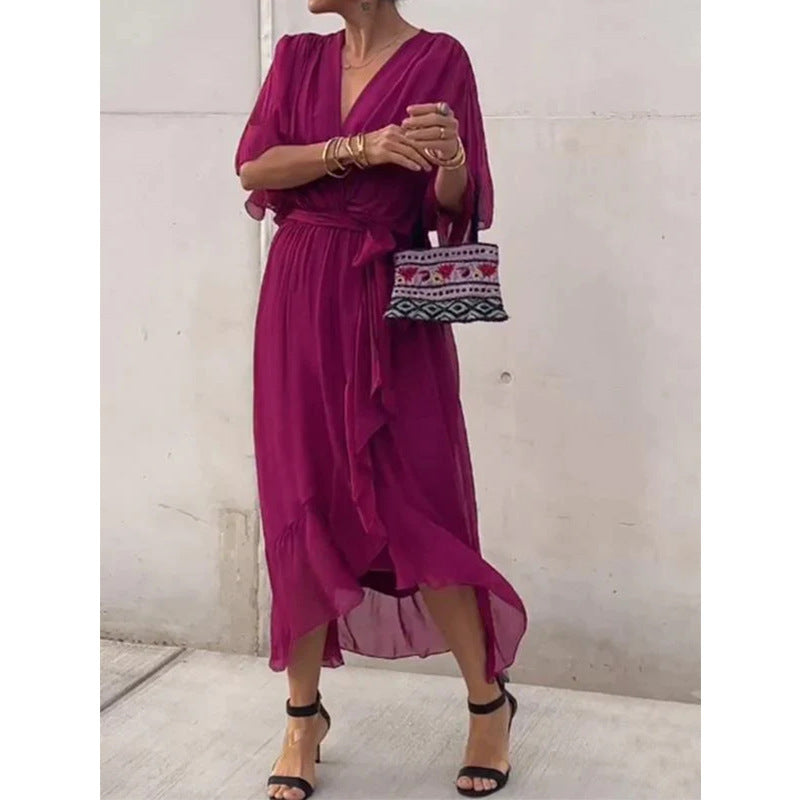 Women’s Elegant Wrap Midi Dress with Flowing Sleeves for Special Occasions
