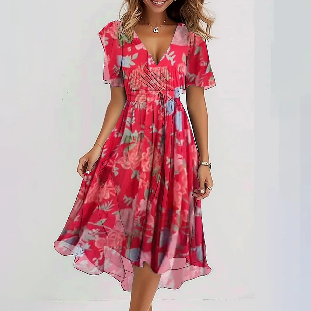 Women’s Elegant Flutter Sleeve Midi Dress with Wrap Front