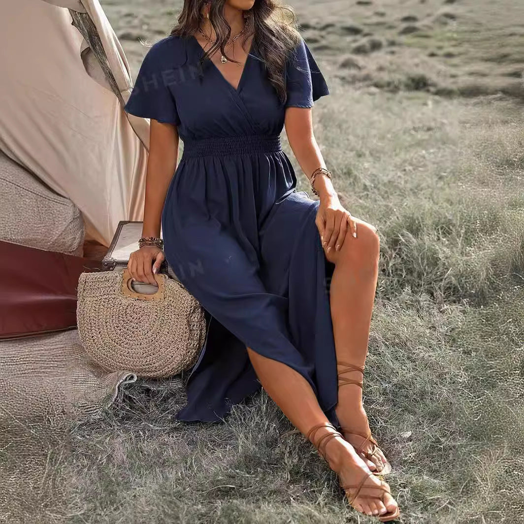 Helen – Long Slimming Dress with V-neck and Bell Sleeves